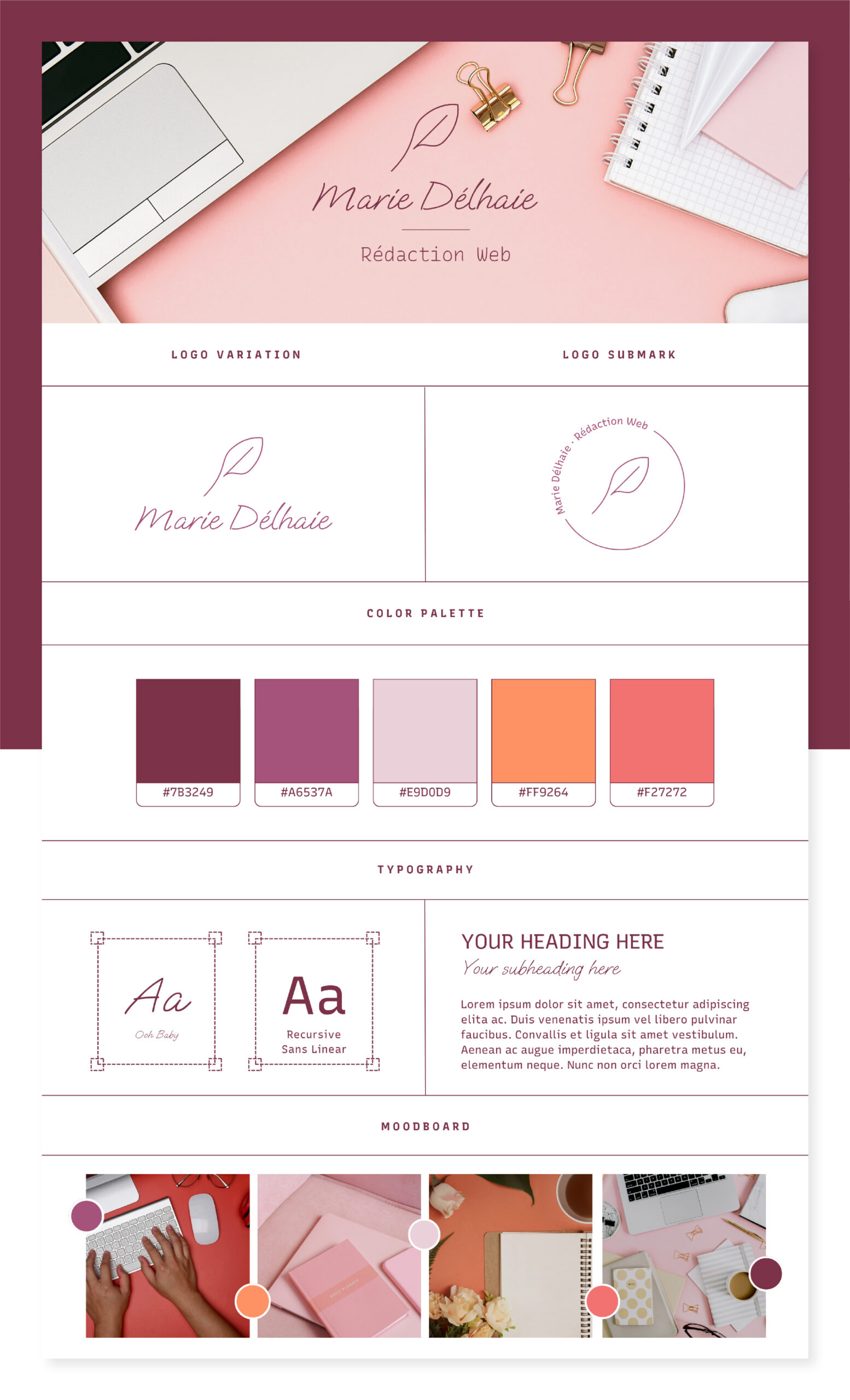 Brand board présentant le logo, la palette de couleurs et les typographies de l’identité visuelle de Marie Délhaie