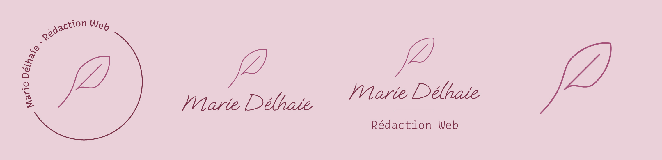 Logo principal et déclinaisons de l’identité visuelle de Marie Délhaie, avec plume stylisée