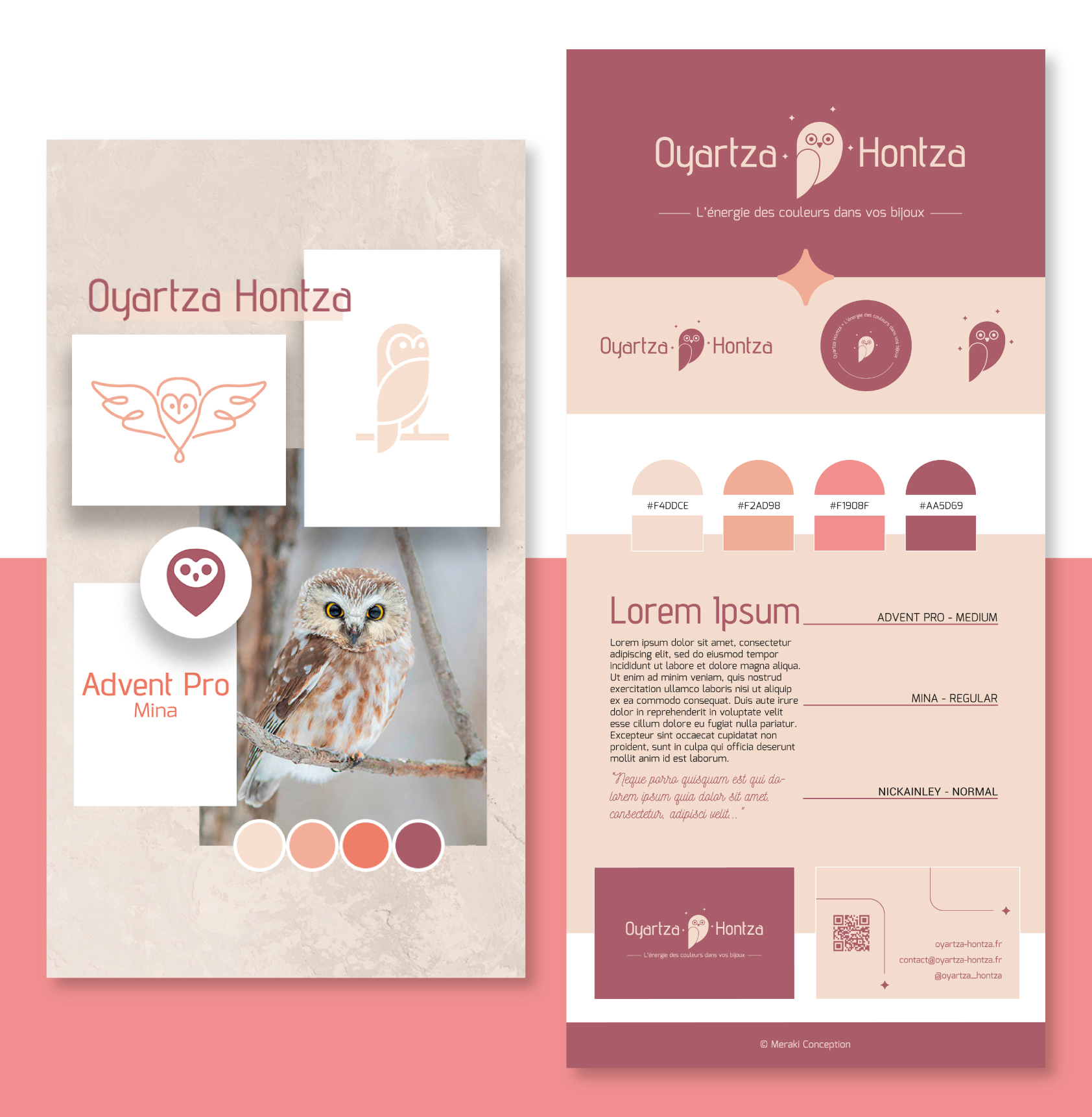 Moodboard et brandboard de l’identité visuelle d’Oyartza Hontza, présentant la palette de couleurs, les typographies et l’univers visuel inspiré du bien-être et de la nature.